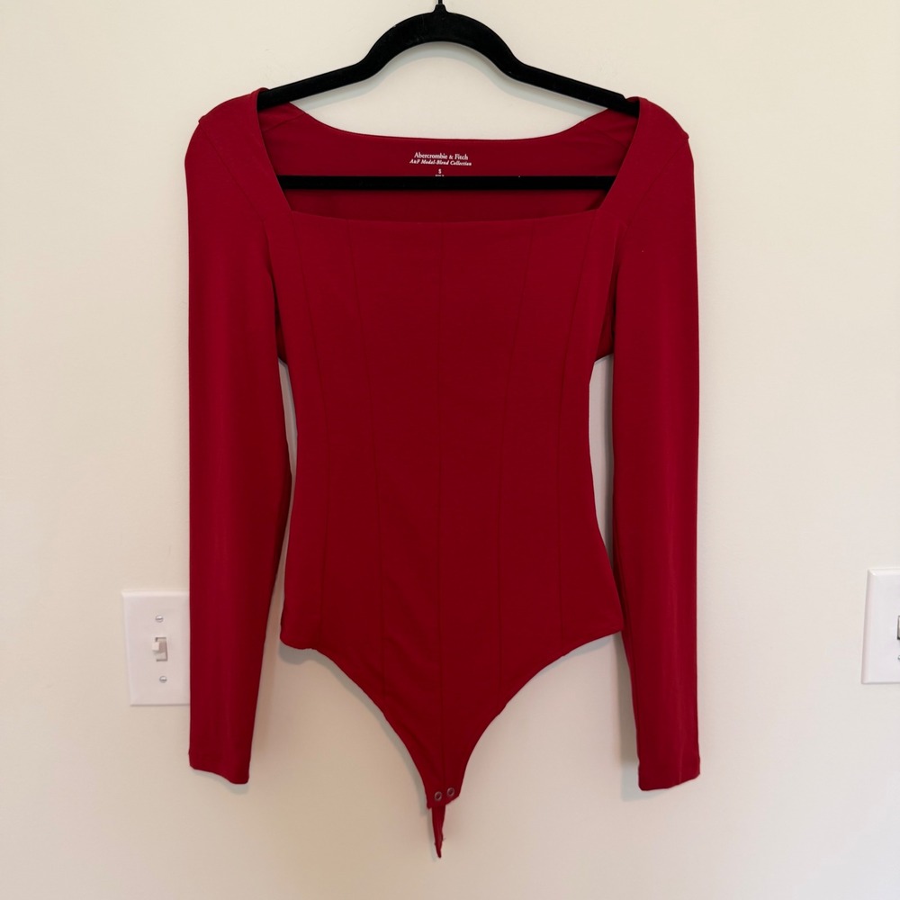 Abercrombie & Fitch Red Modal Blend Long Sleeve Seamed Square Neck Bodysuit S